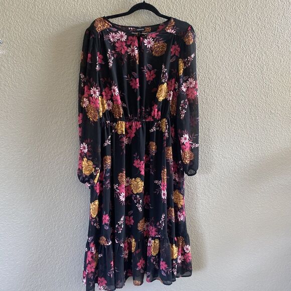 Torrid Dress  2X Black Red Long Sleeve Midi Chiffon Floral Boho Flowy - Picture 2 of 16
